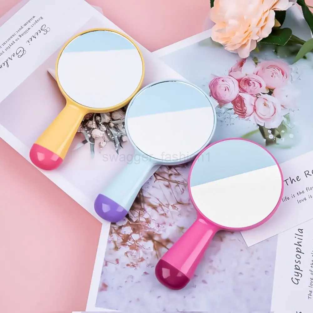 Cute round handle mirror macaroon color portable cosmetic mirror plastic hand-held makeup mirrorXJ240813