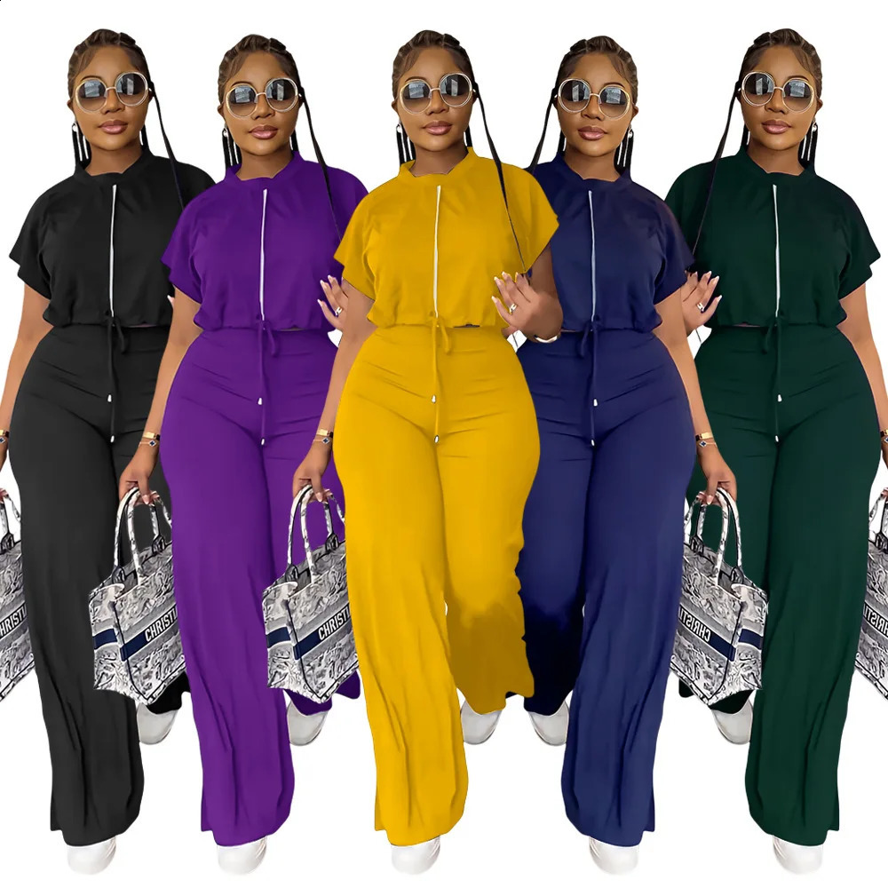 Summer Fashion Sports Style Two Piece Set for Women Casual Drawstring Top Split Wide Leg Pants Two Piece Set Women 240813