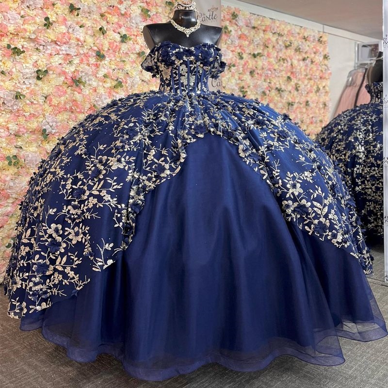Sparkly Navy Blue Princess Off Shoulder Quinceanera Dresses Sweetheart Gold Lace Applique Tull Sweet 16 Ball Gown Vestidos De 15 Anos
