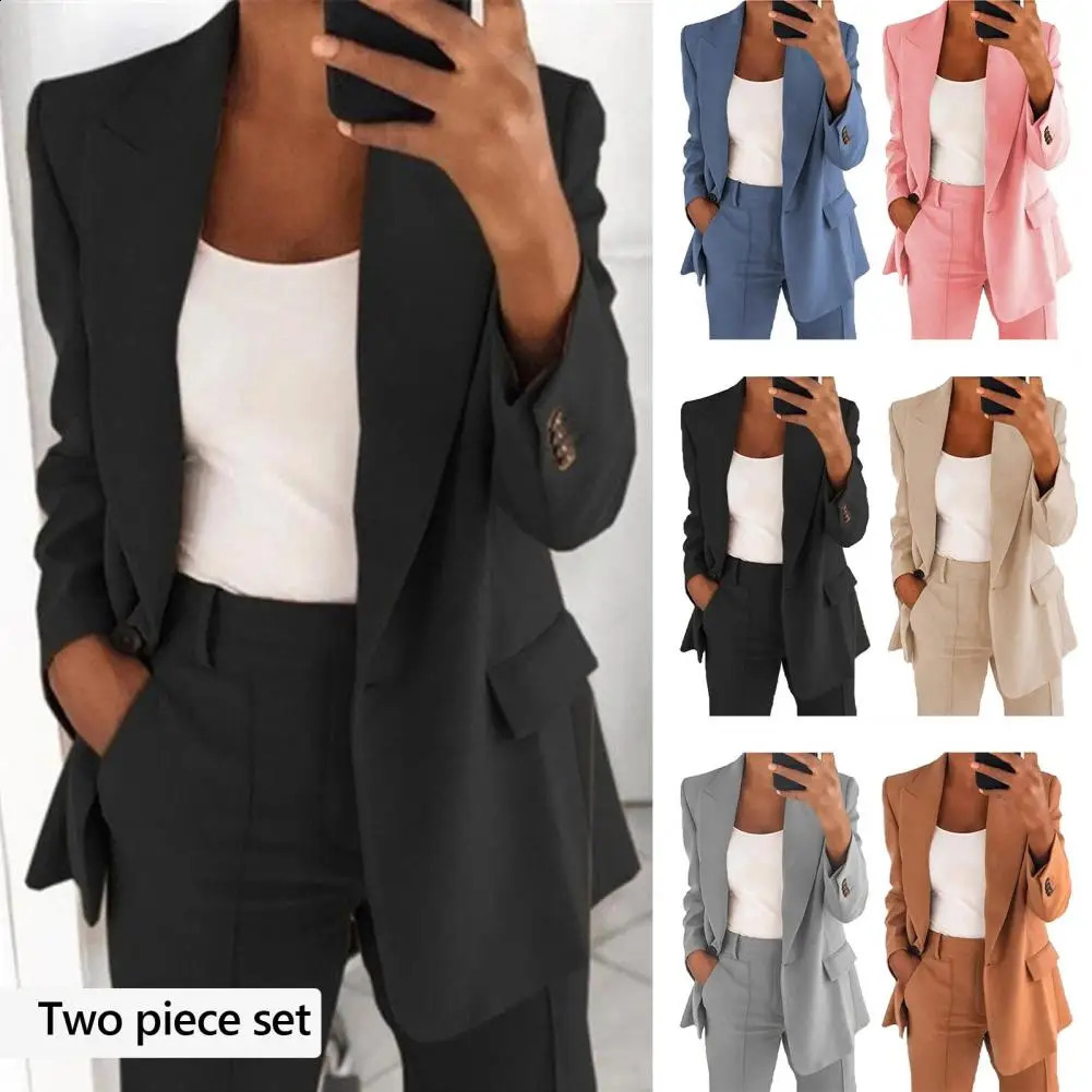 2 PcsSet Women Lapel Long Sleeve Blazer High Waist Straight Wide Leg Long Pants Set One Button Pockets Solid Color Work Suit 240813