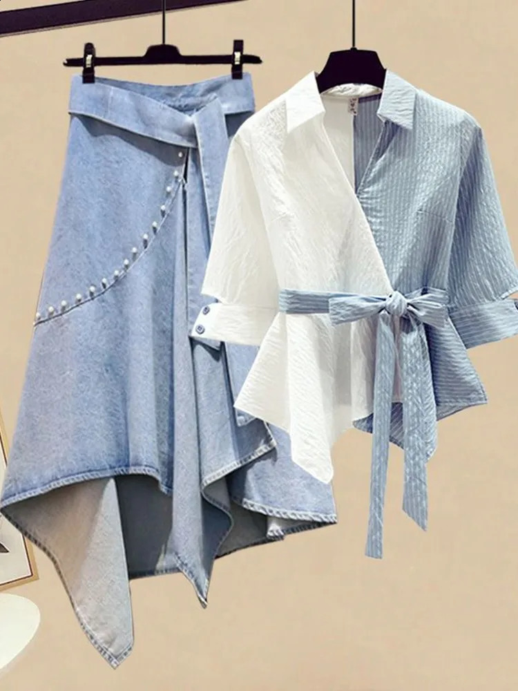 Summer Blue Patchwork Chiffon Shirt Tops Irregular Lace Up Denim Short Skirt Two-piece Elegant Womens Skirt Set Casual Outfits 240812