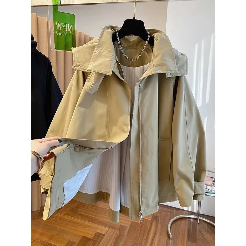 2024 Spring and Autumn Highgrade Fashion Cloakstyle Loose Casual Zipper Hooded Longsleeved Windbreaker Coat Woman 240812