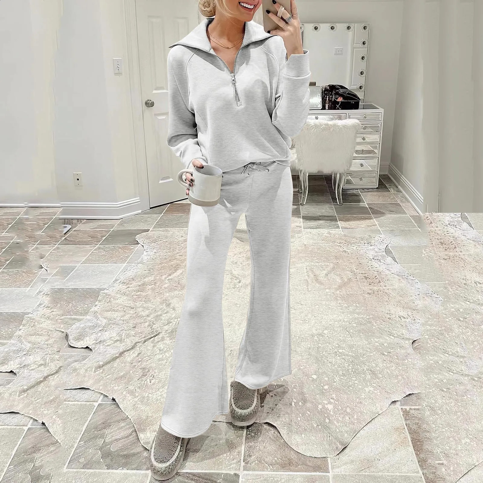 Women 2 Piece Outfits Sweatsuit Activewear Workout Fall Oversized Half Zip Sweatshirt Sets Athletic Tracksuits Ropa De Mujer 240813