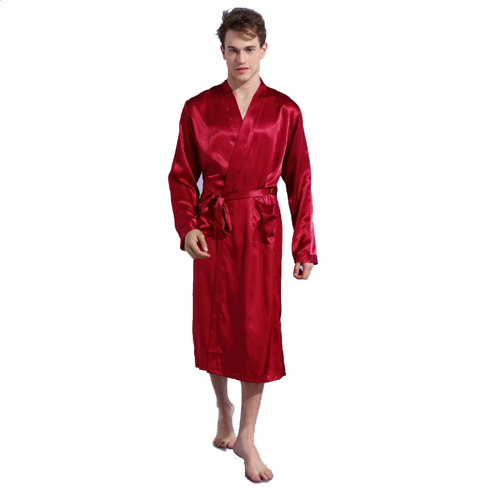 Chinese Mens Wine Red Satin Robe With Belt Kimono Bathrobe Gown Nightgown Sleepwear Home Leisure Pajamas S M L XL XXL D202-10 240812