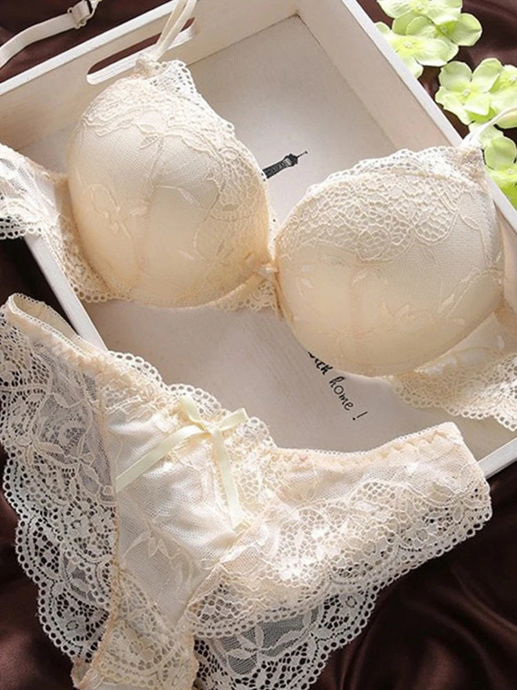 Push Up Bra Lace Bra And Panty Set Womens Embroidery Deep V Lingerie Knickers 240812