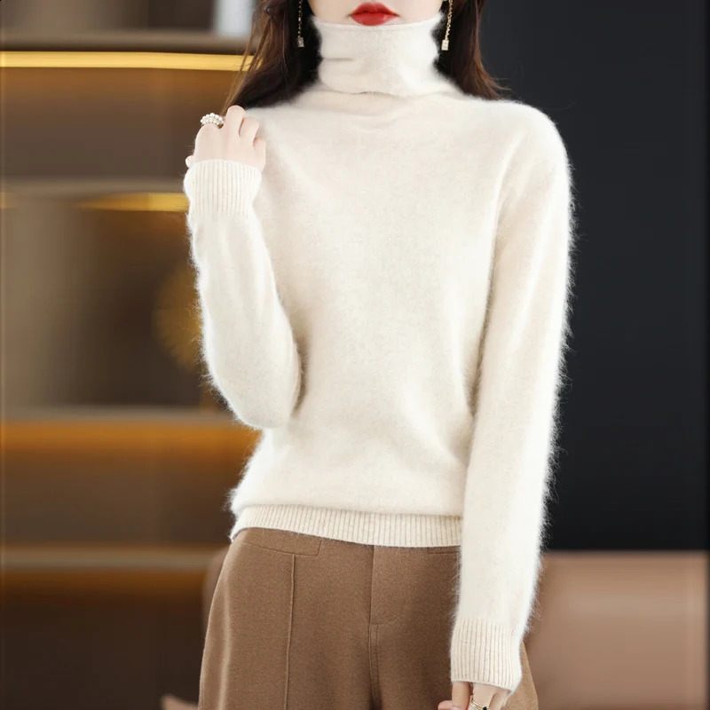 Autumn/Winter Mink Cashmere Womens Sweater Stacked Collar Hoodie Loose Large High Collar Knitted Warm Long Sleeve 240812
