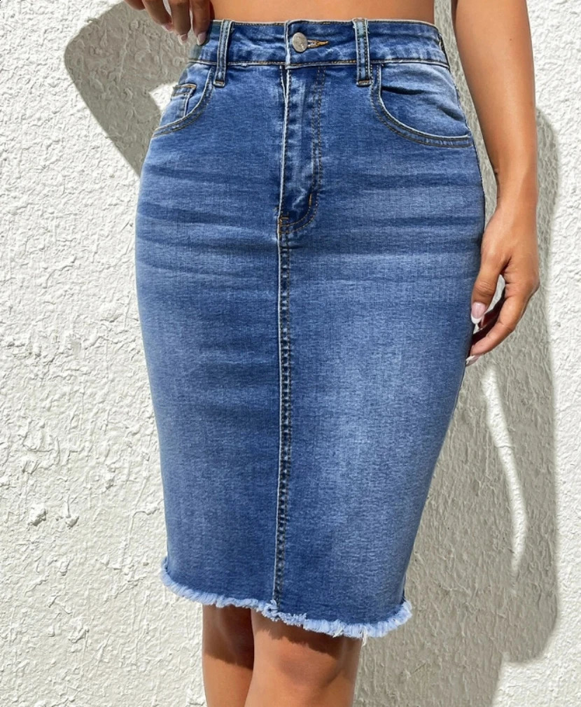 2024 Summer High Elastic Raw Edge Slim Denim Skirt for Women Fashion Skinny Jeans Hip Cover Skirt Casual Ladies Clothing 240812