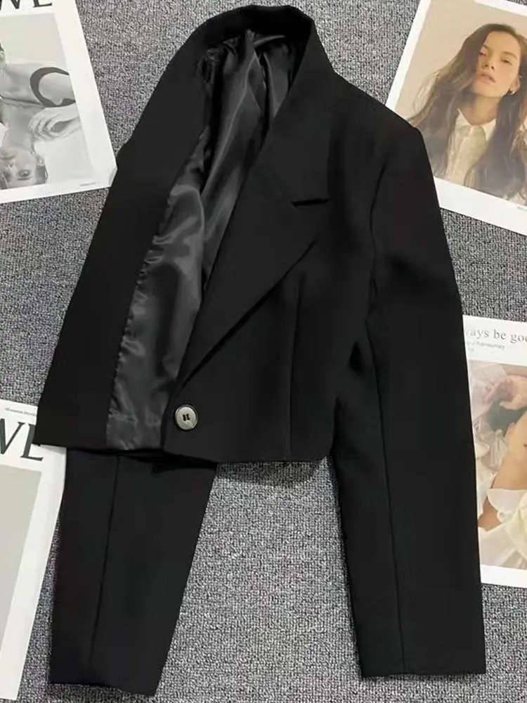 Korean Fashion Cropped Blazers Jacket Women Long Sleeve Office Ladies Streetwear Solid Color Single Button Short Suit Coat Jacke 240813