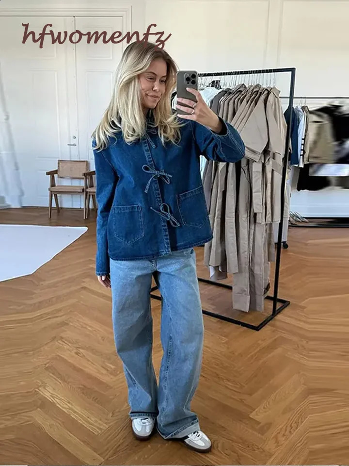 Lace Up Bow Denim Shirt Women Causal Long Sleeve Pocket Turn-down Collar Loose Blouses Top 2024 Spring Solid Office Lady Clothes 240812