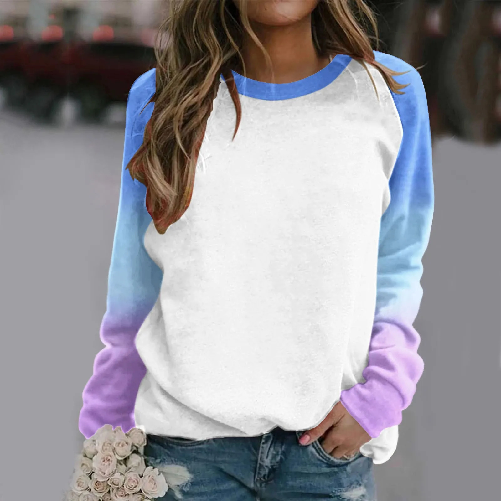 Women Autumn Pullover Fashion Gradient Color Round Neck Long Sleeve Loose Thin Sweatshirts Streetwear Casual All Match Girl Tops 240812
