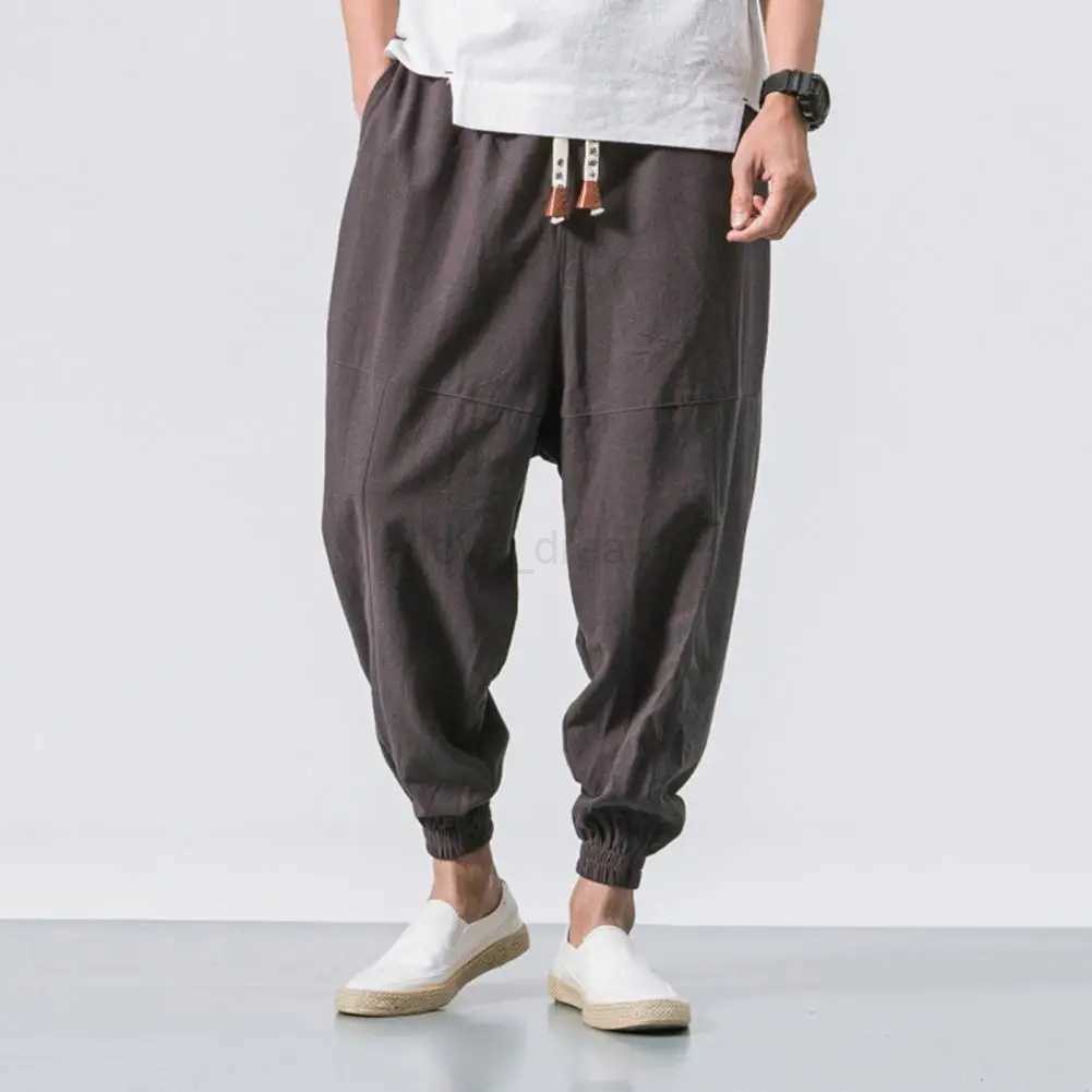 Cotton Men Harem Pants Harem Pants Men Solid Elastic Waist Streetwear Joggers Japanese Style Loose Ankle Length Pockets TrousersXJ240813