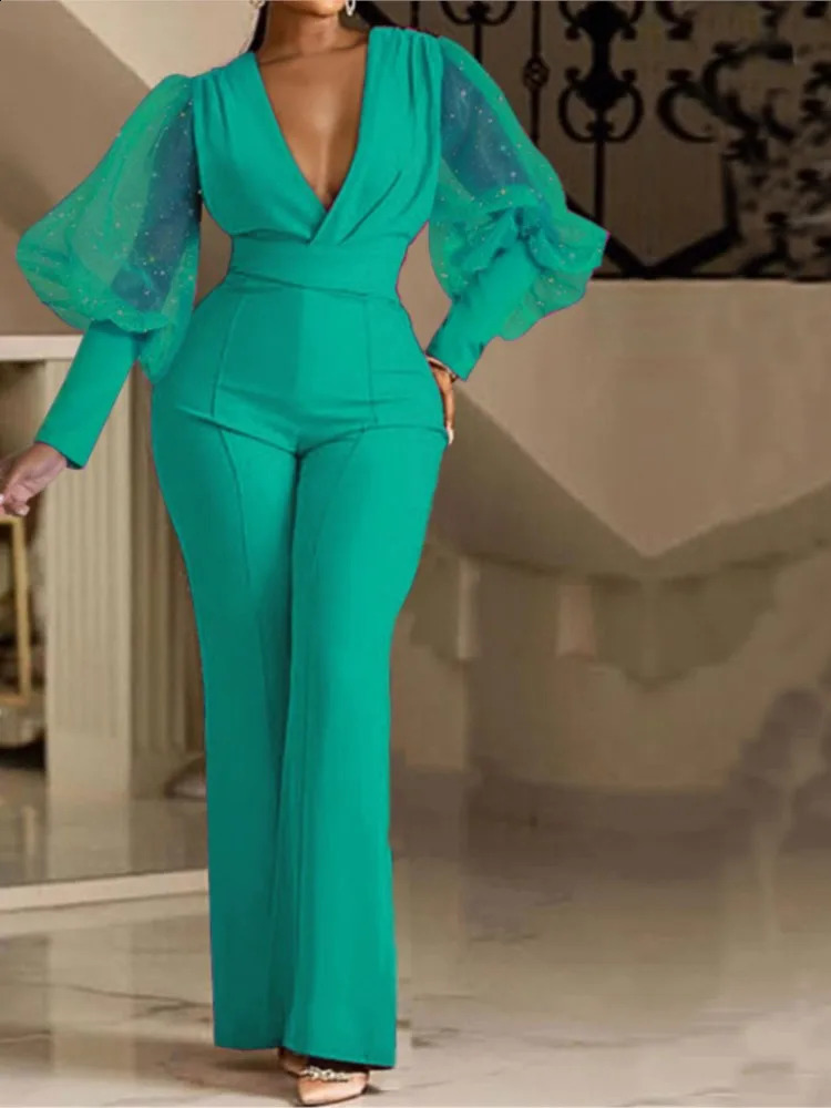 Ladies Elegant Office Jumpsuit Romper For Women High Waist Wedding Overalls Sequins Bodycon Long Sleeve Party Jumpsuit Club 240813
