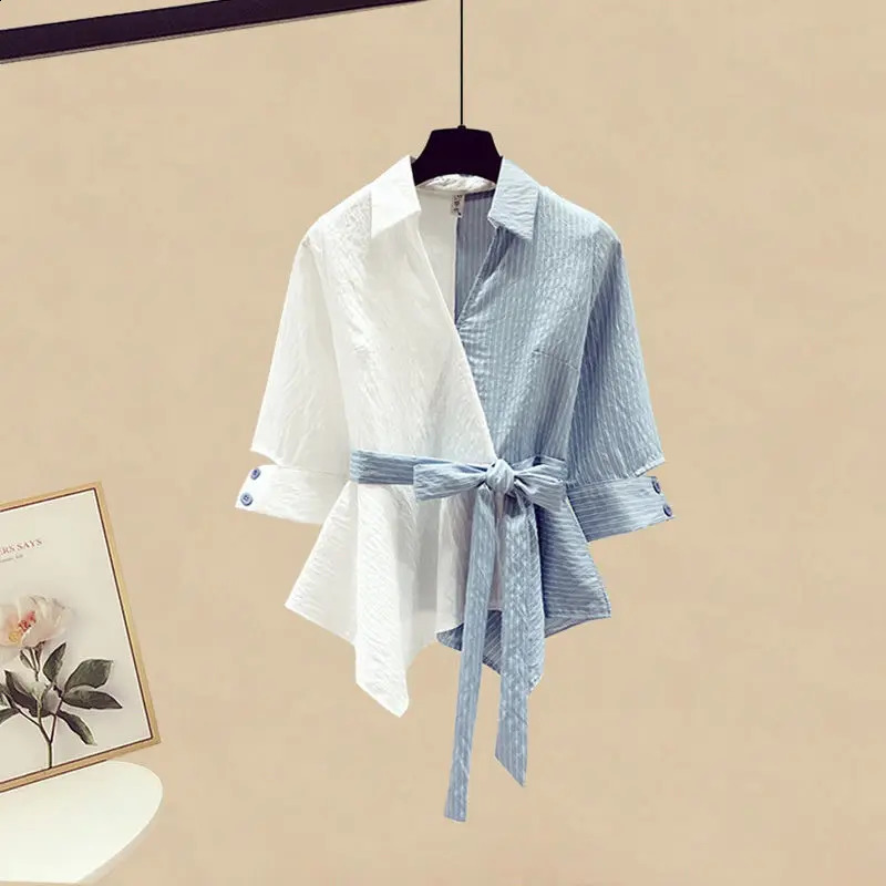 Summer Blue Patchwork Chiffon Shirt Tops Irregular Lace Up Denim Short Skirt Two-piece Elegant Womens Skirt Set Casual Outfits 240812