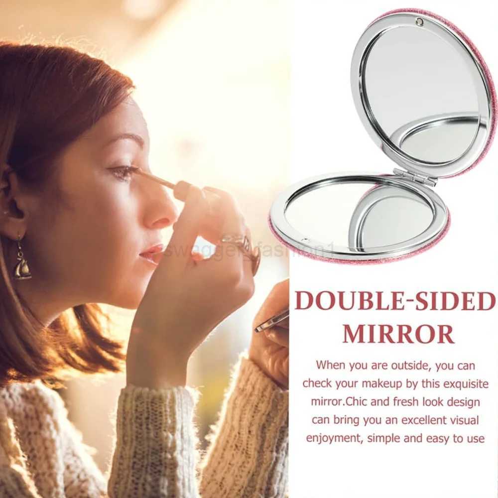 Portable Folding Shiny Double-Sided Makeup Mirror Leather Cosmetic Mirror Pocket Magnifying Hand Gold Letter Pattern Beauty ToolXJ240813