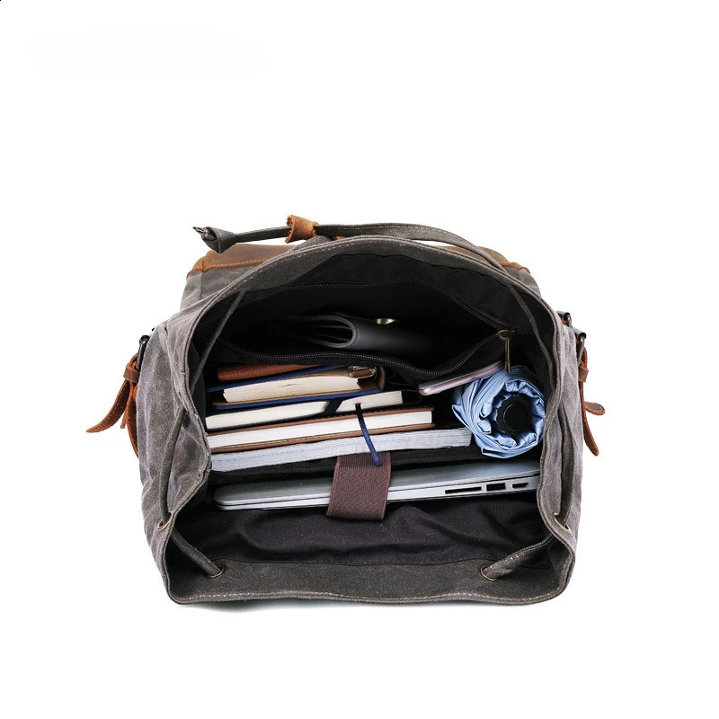 wax canvas bag with genuine leather travel outdoor backpack horsehide mens 240813