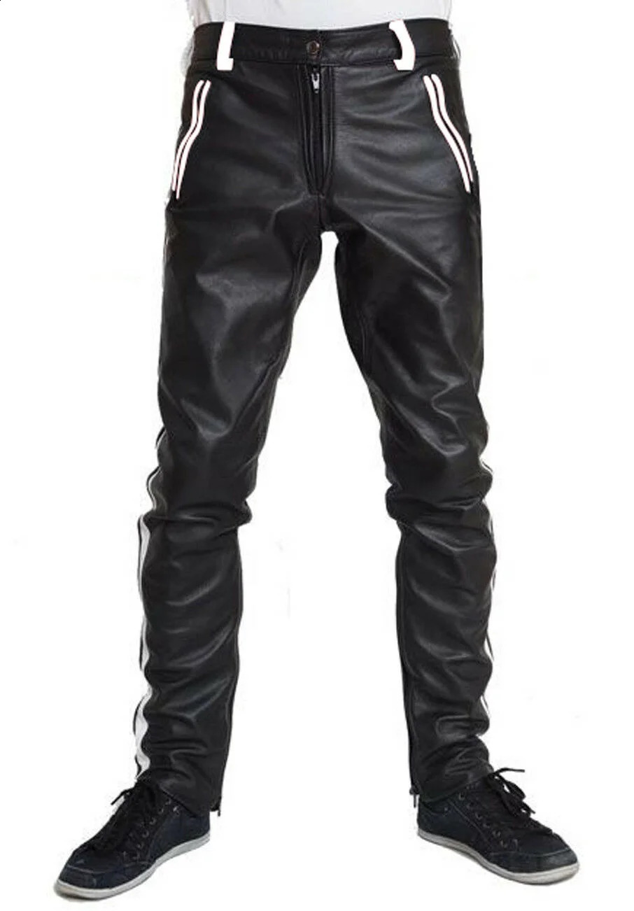 Mens COWHIDE LEATHER PANTS COLOR STRIPES BIKERS 240812