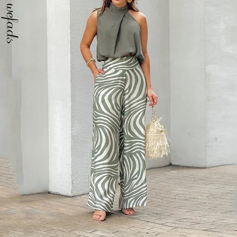 Wefads Women Two Piece Set Summer Casual Solid Halter Neck Sleeveless Irregular Top Printed Loose With Pockets Panst Sets 240813