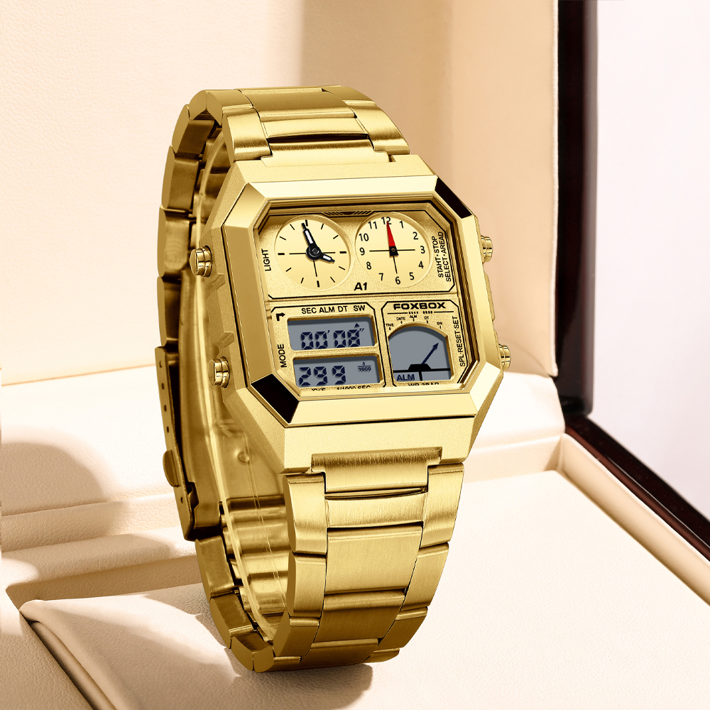 LIGE New Fashionable Simple Steel Strip Dual Display Electronic Watch Multi functional Waterproof Alarm Clock Sports Watch