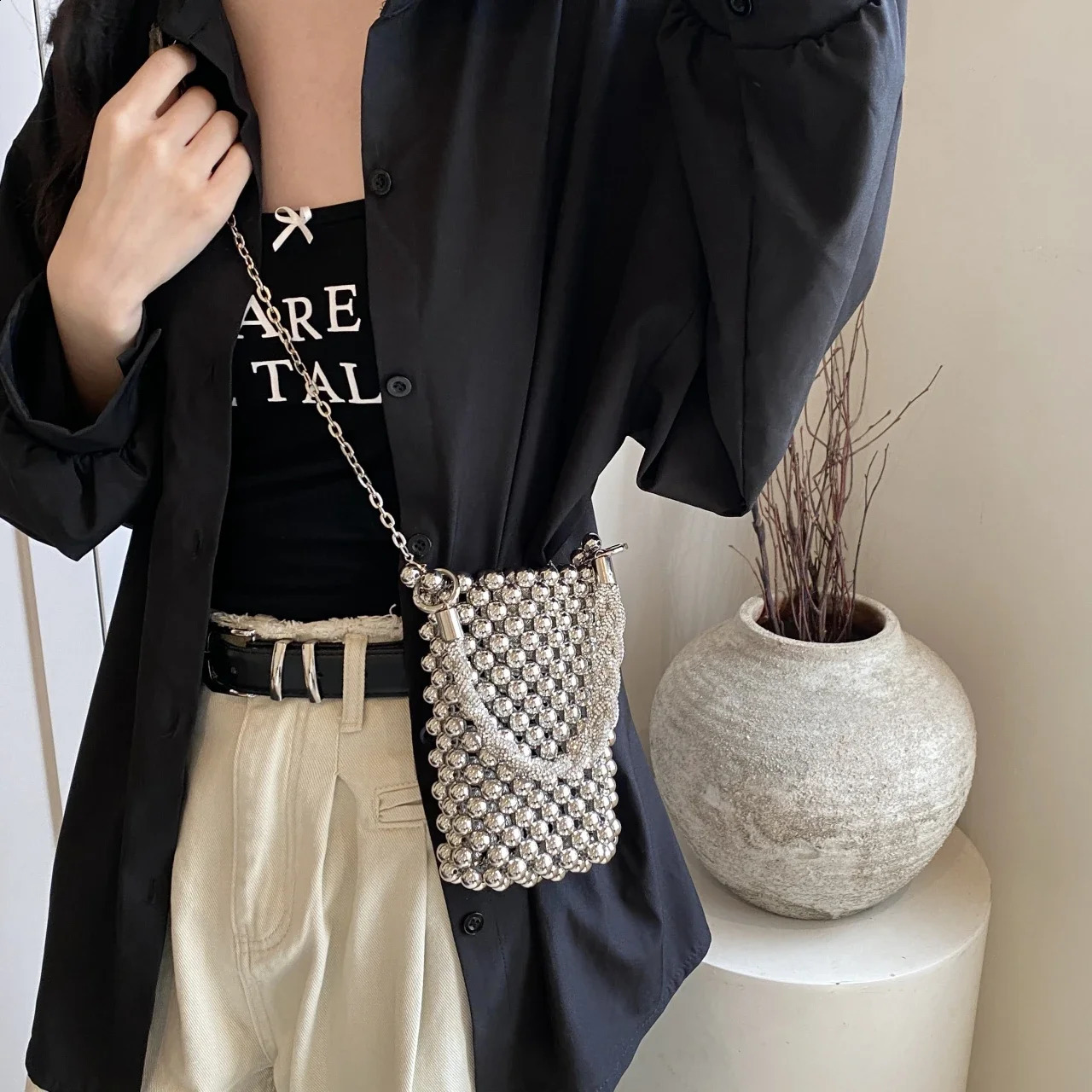 Handle s Evening Clutch Bag Silver Party Wedding Purse Pearl Handbag 2024 Summer Handmade Beading Crossbody Phone 240812