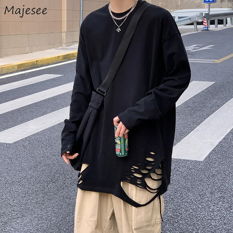 Men Long Sleeve T-shirts Ripped Clothes Simply Streetwear Handsome Solid All-match Cool Hip Hop Ulzzang Teens Male Fashion 240812