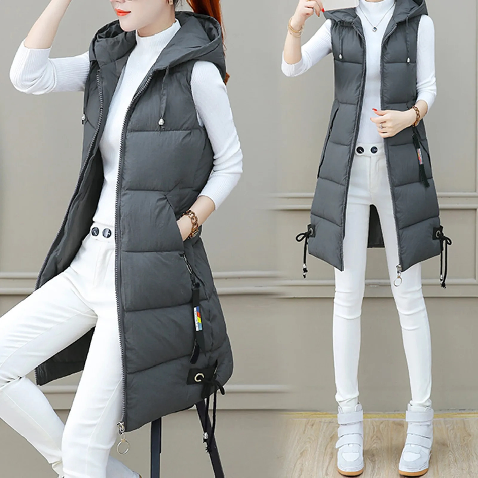 Women Solid Hooded Vest Zipper Pocket Loose Womens Vests Outerwear Sleeveless Jacket Long Coat Vests Woman Winter Coats 240813