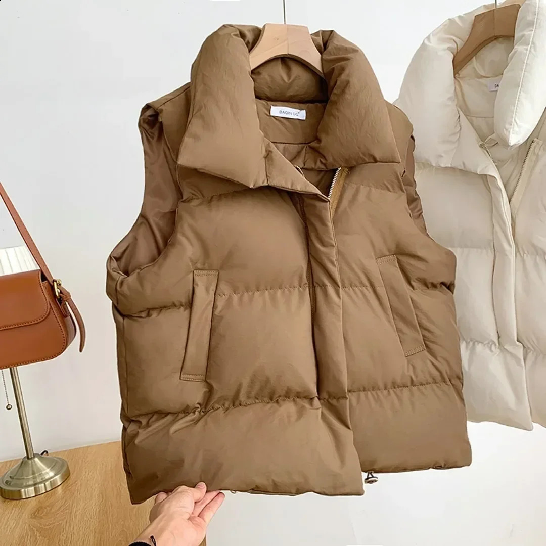 Women Fashion Autumn 2024 Stand Collar Elegant Down Coats Warm Outerwear Casual Belt Sleeveless Winter Women Vests Jackets 240813