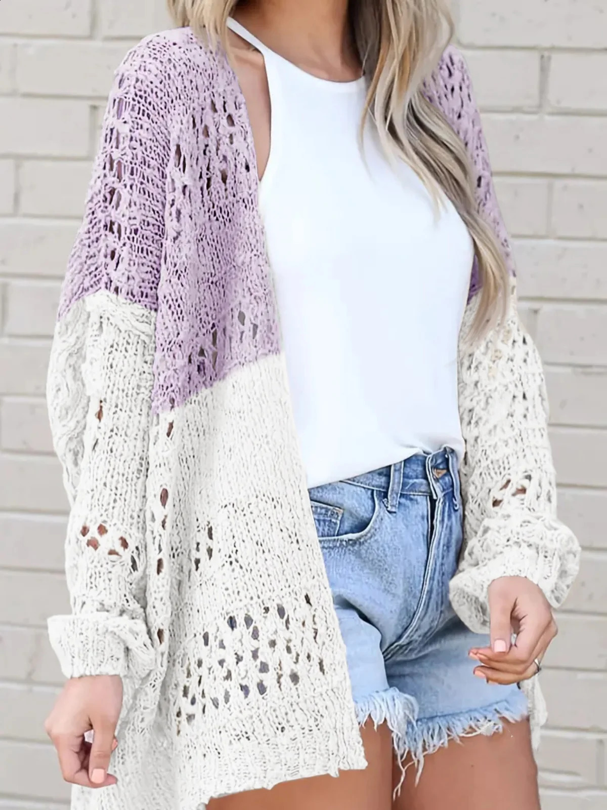 Color Block Open Front Cut Out Cardigan Boho Long Sleeve Sweaters Women Fashion Autumn Clothing Casual Loose Streetwear 240812