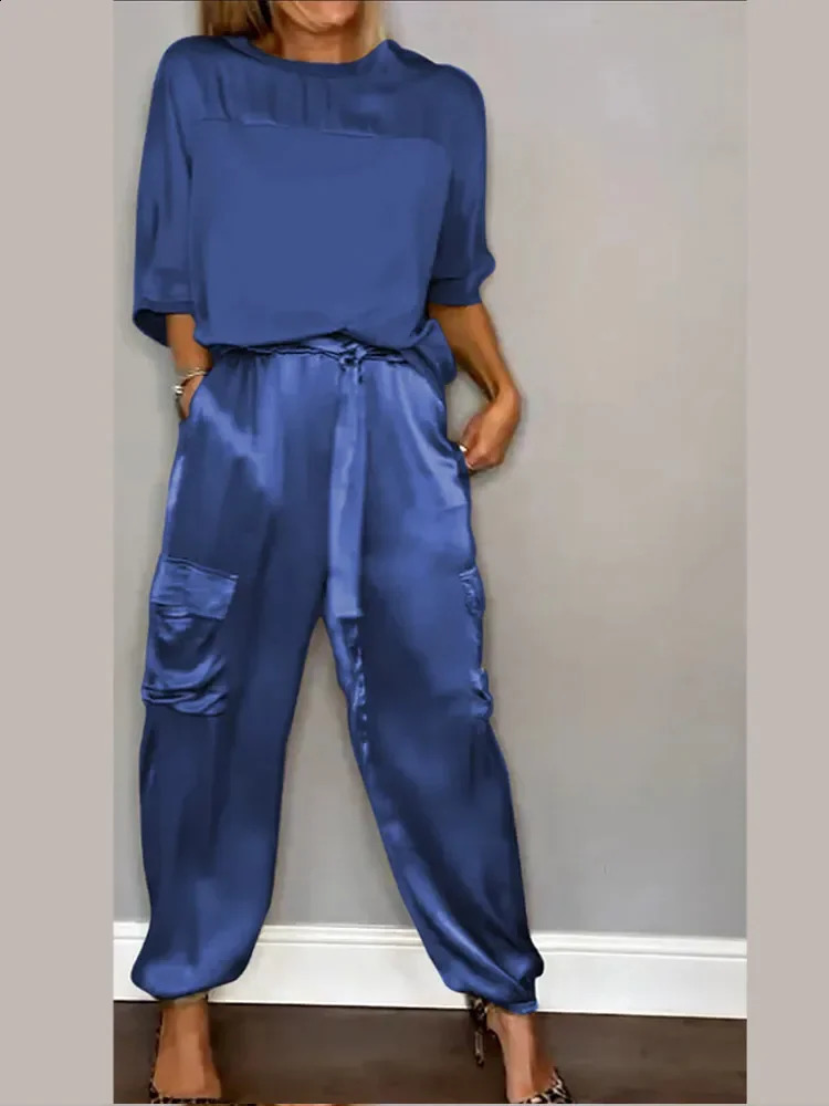 Casual Satin Two Piece Sets Women Patchwork Long Sleeve O-neck Top High Waist Lace Up Loose Pant Suit 2024 Spring Summer Outfits 240813