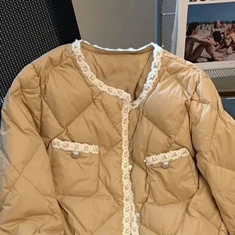 Xpqbb Korean Style Down Cotton Padded Jackets Women Autumn Winter Lightweight Warm Parkas Woman Fashion Pearl White Parka Coat 240813