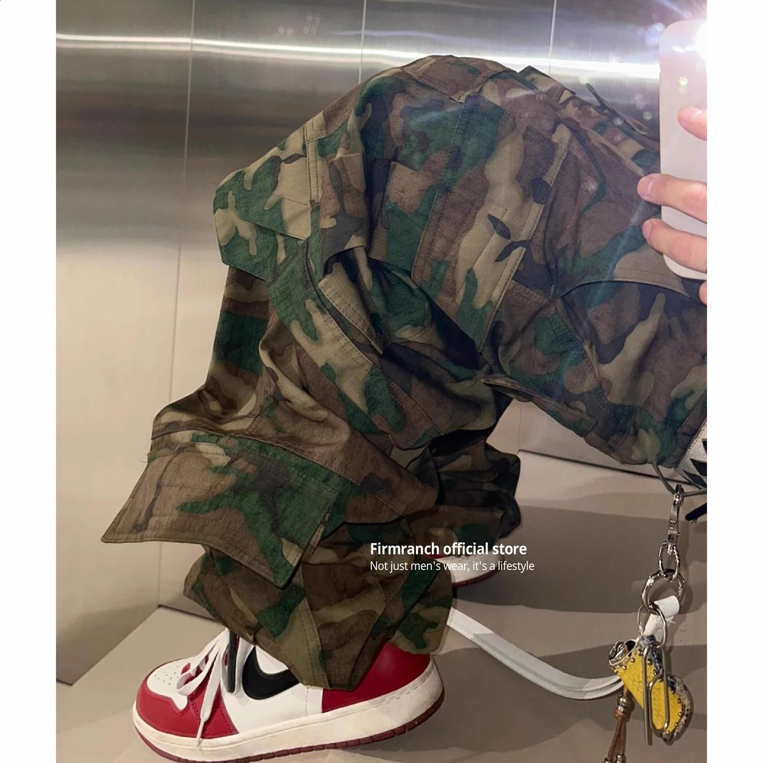 Firmranche Korean Archive Wookvibe Multi Pocket Camouflage Bag Cargo Pants Mens and Womens Extra Large Umbrella Casual Clothing 240812