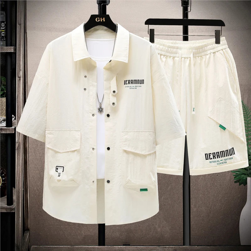 Summer set mens casual single chest short sleeved shirt 2piece loose and fashionable highquality sportswear 240812