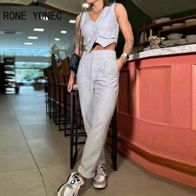 V-Neck Buttoned Vest Top Pants Set Women Two Pieces Suits 240813