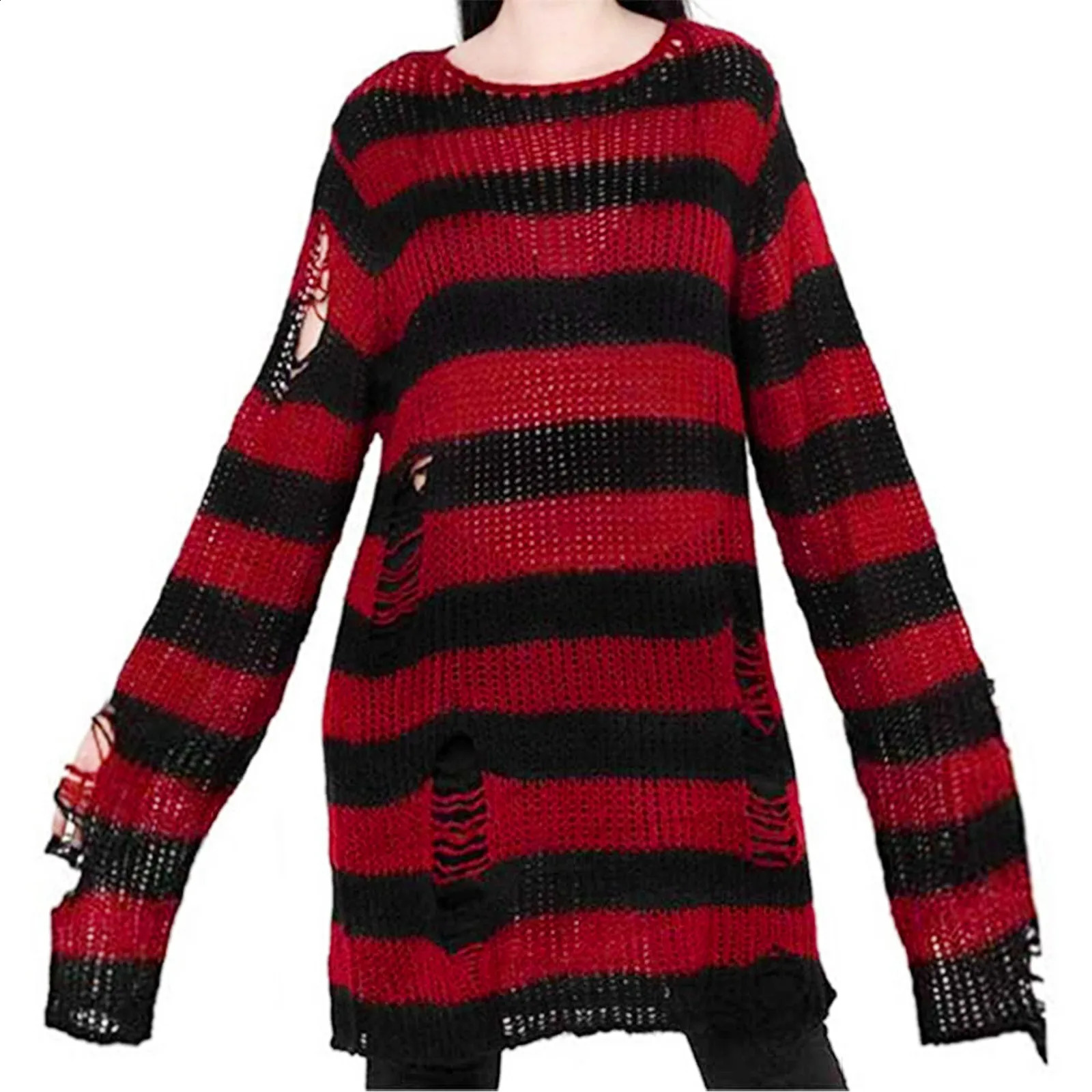 Punk Gothic Long Unisex Sweater Women Striped Cool Hollow Out Hole Pullover Broken Jumper Loose Rock Thin Streetwear Top 240812