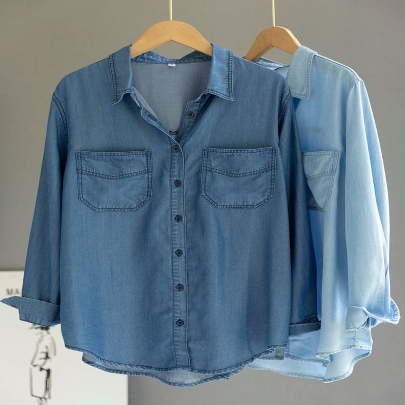 Korea Chic Pockets Splicing Irregular Denim Blouse Women Single Breasted Long Sleeve Jean Shirt Spring 240812