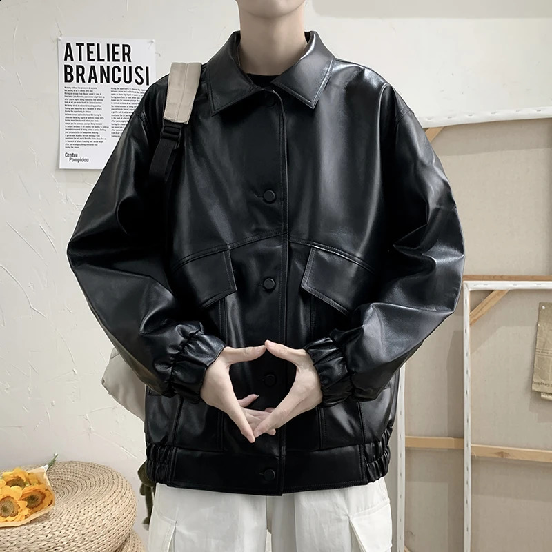 Jackets Men Pu Leather Retro Pockets Loose Korean Style Trendy Outwear Plus Size Cargo Tactical Daily Handsome All-match Clothes 240812