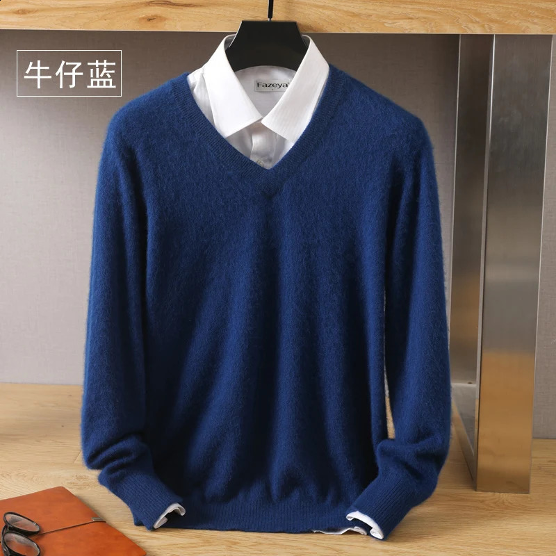 High quality mink wool sweater for autumn and winter mens floral round neck long sleeved bottom knitted cashmere Vneck loose fit 240812