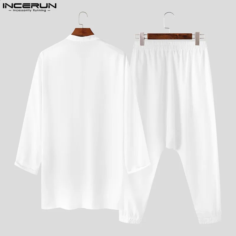Casual Simple Style Suit INCERUN Mens Suit Solid Short Sleeve Side Slit Medium Length Robe Trousers Muslim Two-piece Sets S-5XL 240813