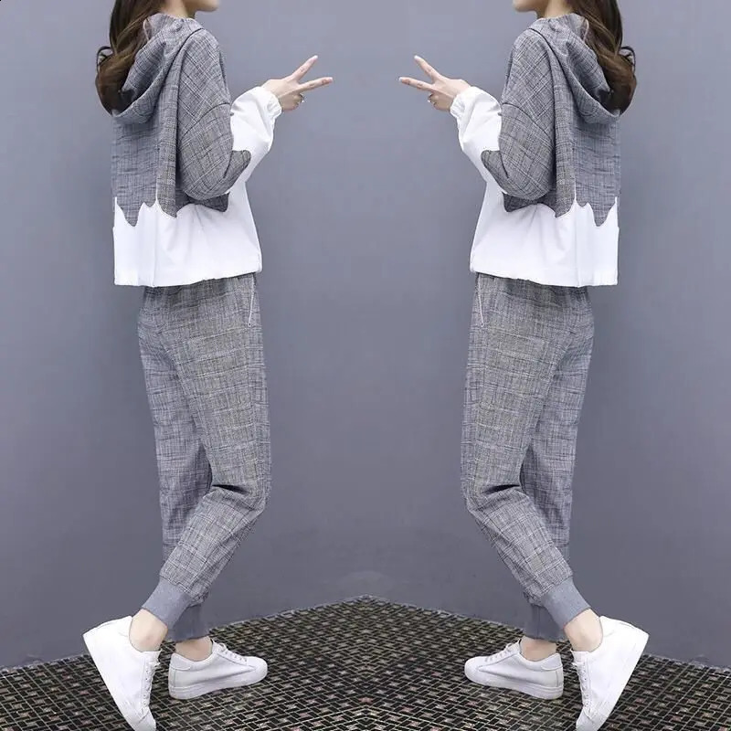 2024 Spring Grey White Spliced Hoodie Lace Up Pencil Pants Two Piece Set of Korean Style Female Student Sports Set Tracksuit 240813
