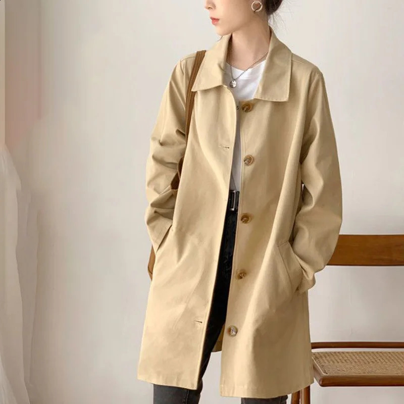 Fashion Lapel Button Spliced Pockets Casual Coats Female Clothing Autumn Loose All-match Tops Solid Color Korean Trench 240813