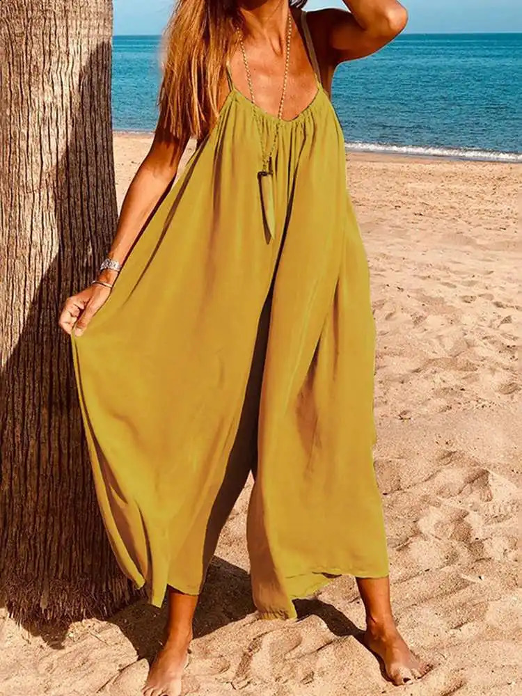 VONDA 2024 Women Summer Sleeveless Jumpsuits Sexy Solid V Neck Long Overalls Loose Playsuits Wide Leg Pants Oversized 240813