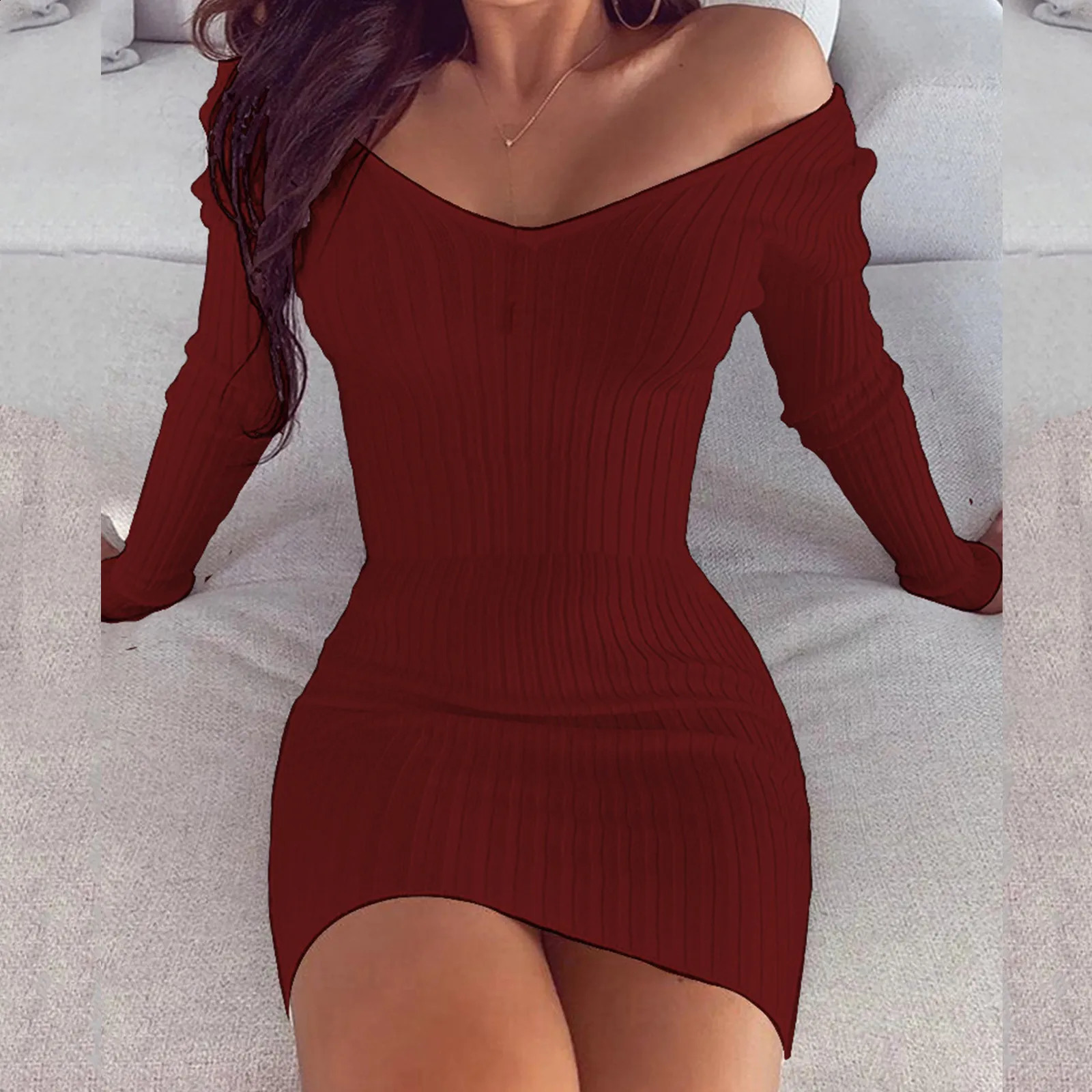 Sexy Off Shoulder Long Sleeve Bodycon Dress For Women Spring Autumn White Knitted Sweater Mini Woman Dresses Robe Femme 240807