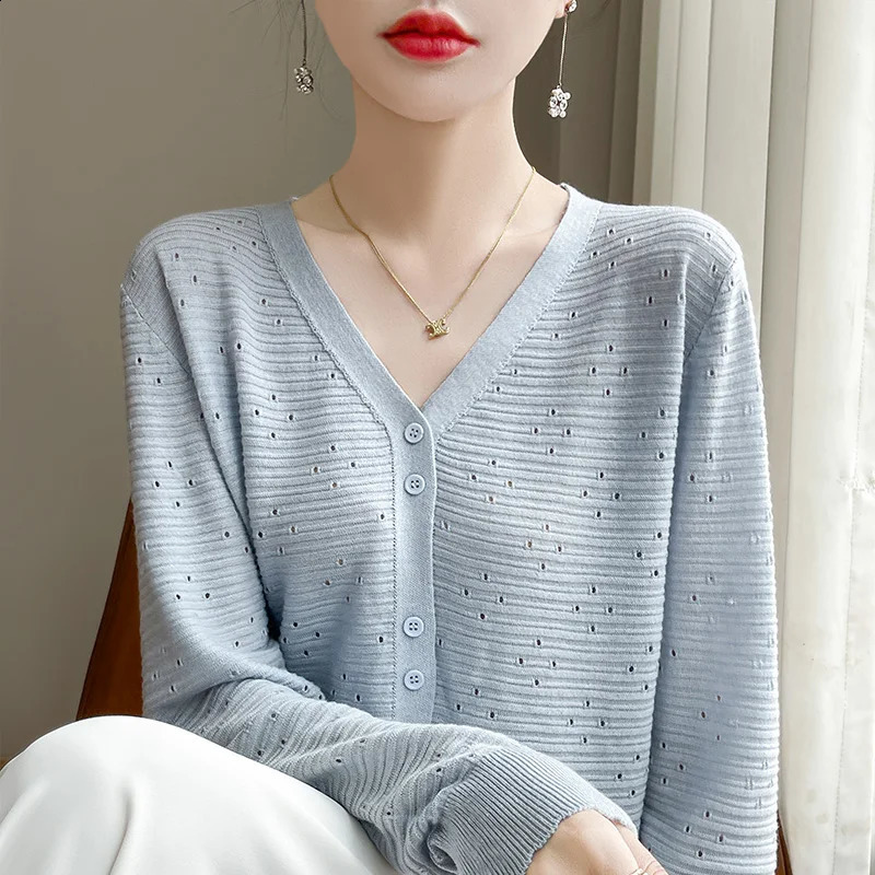 autumn Vneck wool sweater hollow womens loose top casual knitted 240812