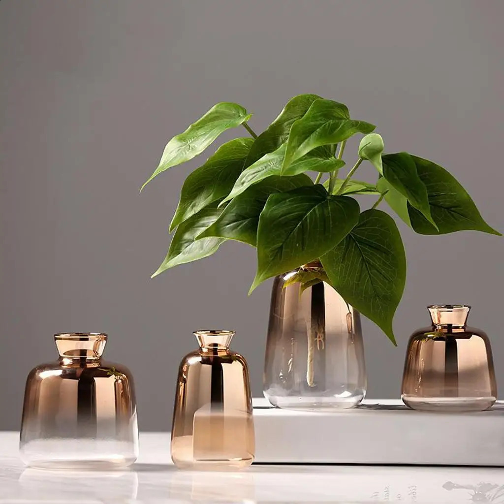 Decorative Glass Flower Gold Bottle Transparent Pot Planter Tabletop Vase for Home Garden Wedding Office Decoration 240812 - view 3