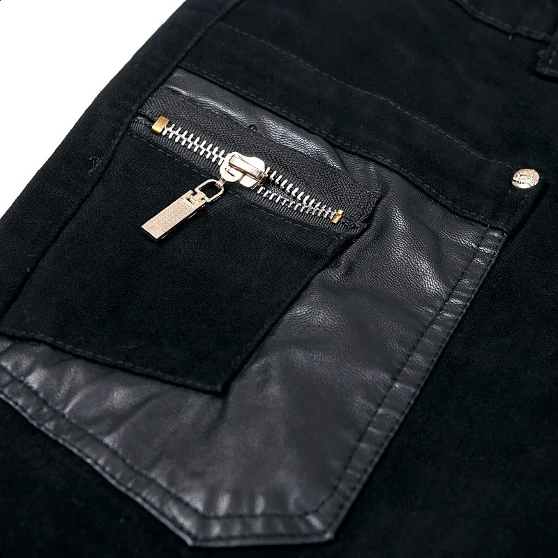 Fashion Men Leather Pants Patchwork Casual Skinny Mens Motorcycle Jeans High Quality Slim Trousers Size 2836 240812
