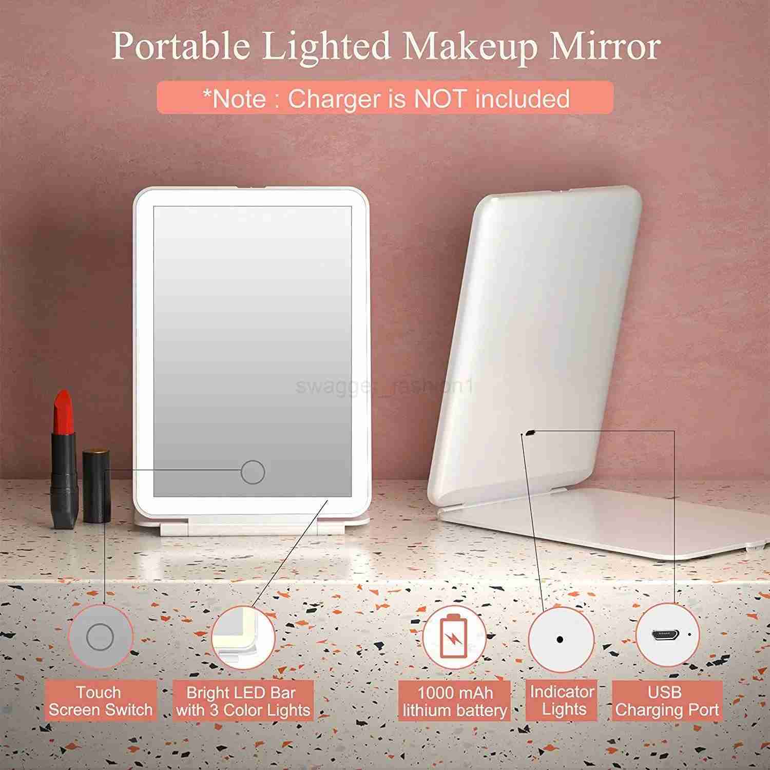 LED Foldable Travel Makeup Mirror 3 Colors Light Modes USB Rechargeable Touch Screen Portable Tabletop Cosmetic Mirror PINKXJ240813
