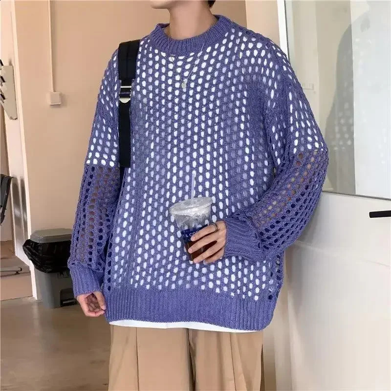 Hollow fishing net top thick thread knitted sweater suitable for mens womens fashionable Korean style toplevel casual jacket 240812