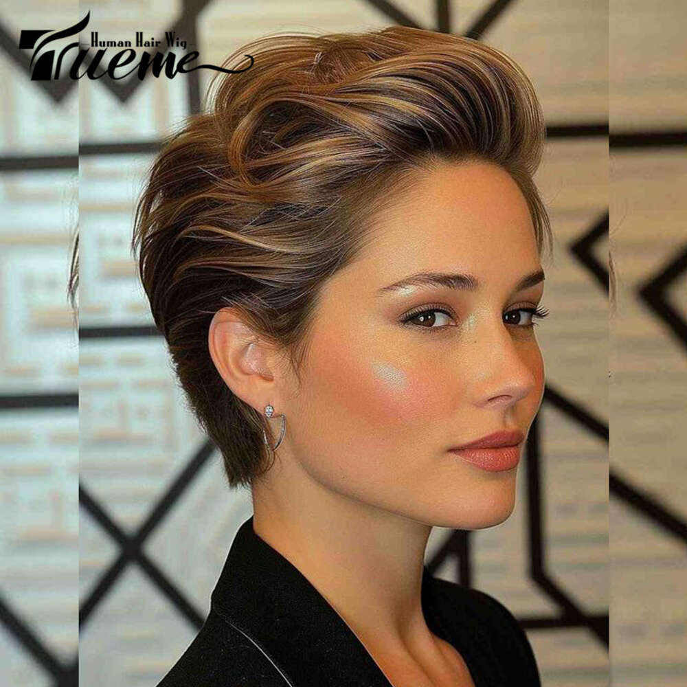 Short Highlight Pixie Brazilian Front Wigs For Women Ombre Blonde Slick Back Human Hair Lace Wig