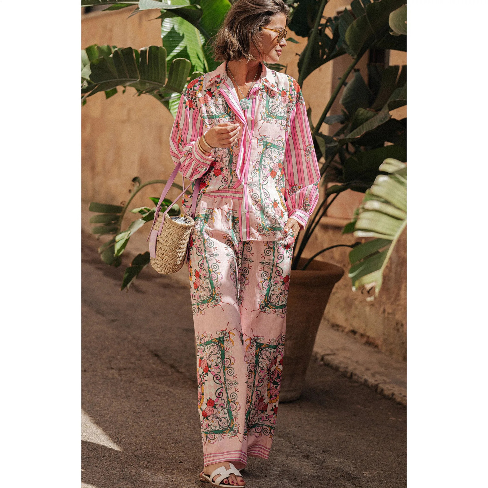 trend casual print womens long sleeved shirt set top and loose pants chic 2piece fashion 240809