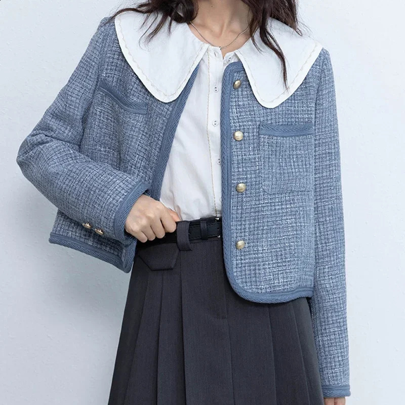 HELIAR Women Elegant Tweed Blue Jacket Long Sleeve Single Breasted Cardigan Coat Female Loose Chic Outerwear Autumn Winter 240812