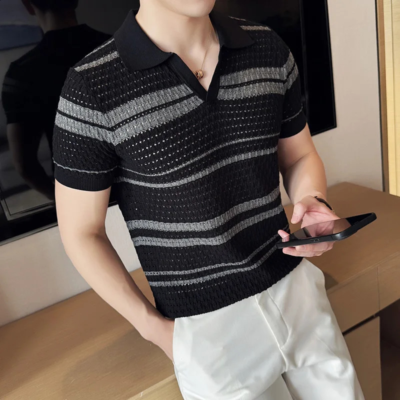 Mens slim fit Polo shirt jacquard knit short sleeve shirt T-shirt V-neck color-blocked Polo shirt 2024 high quality M-3XL. 240813